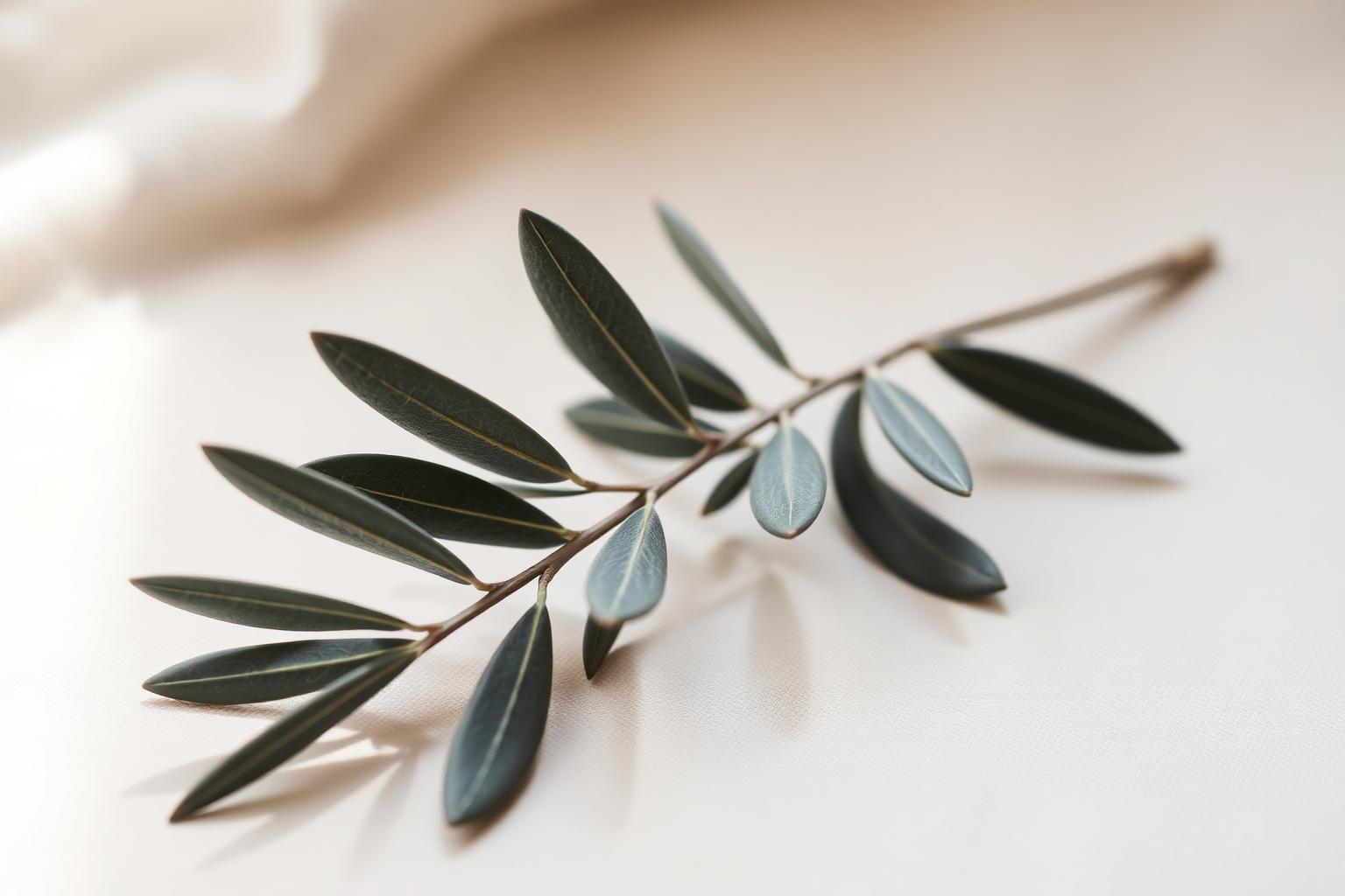 A single olive branch resting on soft cream linen
